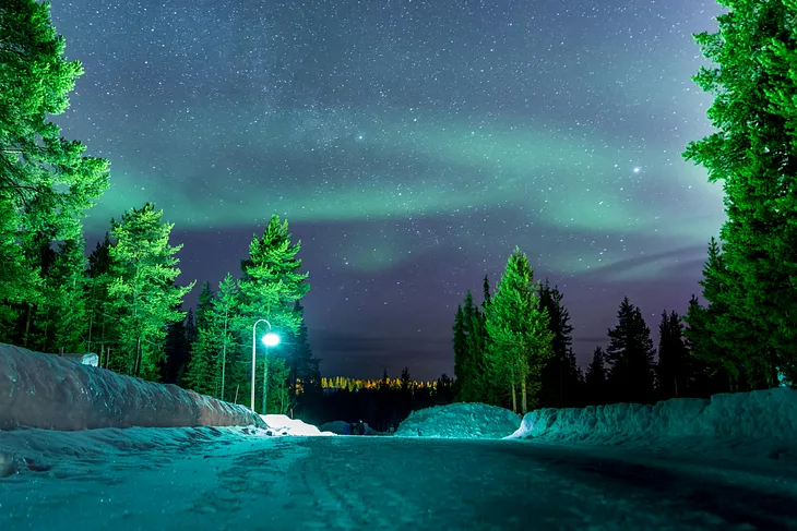 Magical winter landscape with Northern Lights, Aurora Borealis