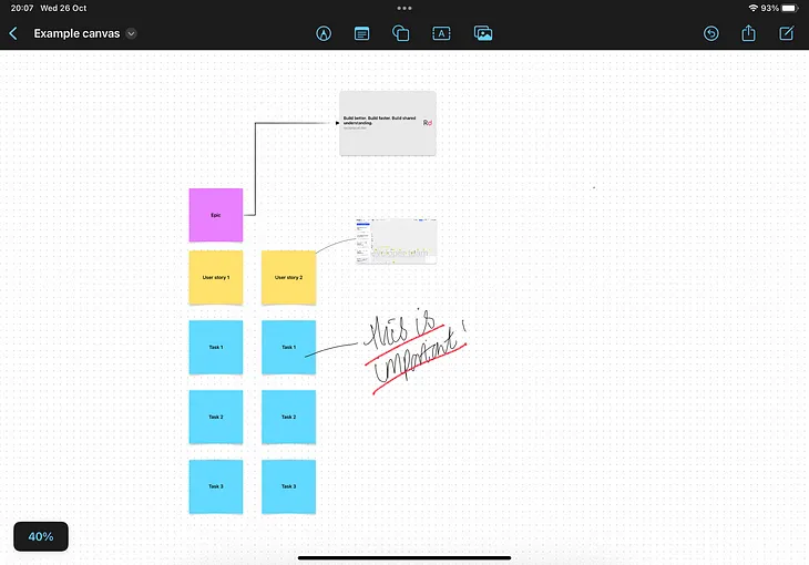 Freeform app canvas showing a set of sticky notes, a web link, a video and hand drawn text