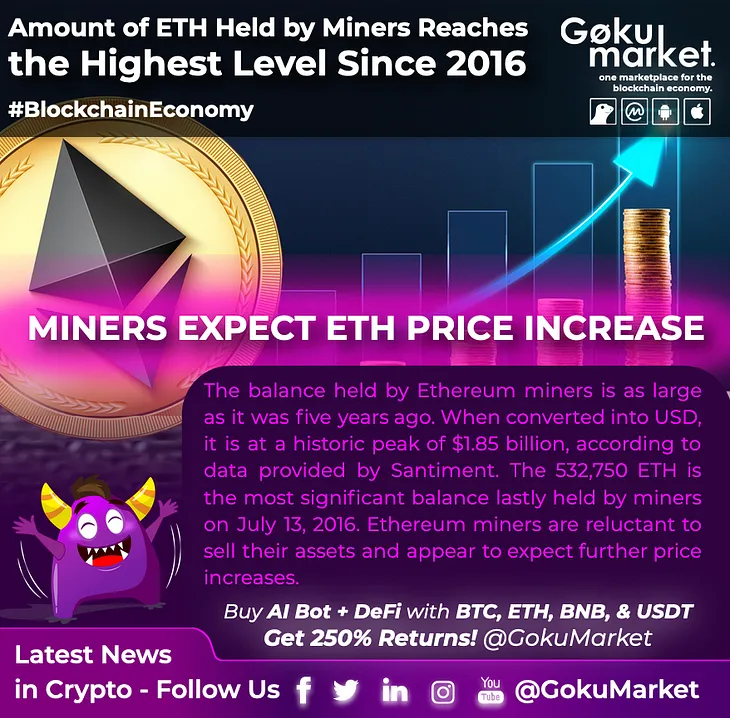 Amount of ETH Held by Miners Reaches the Highest Level Since 2016