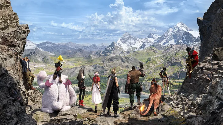 The ensemble cast of Final Fantasy VII Rebirth, consisting of Cid Highwind, Cait Sith, Tifa Lockhart, Aerith Gainsborough, Cloud Strife, Barret Wallace, Red XIII, Yuffie Kisaragi, and Vincent Valentine, standing on a cliff overlooking a vast area of fields and mountains.