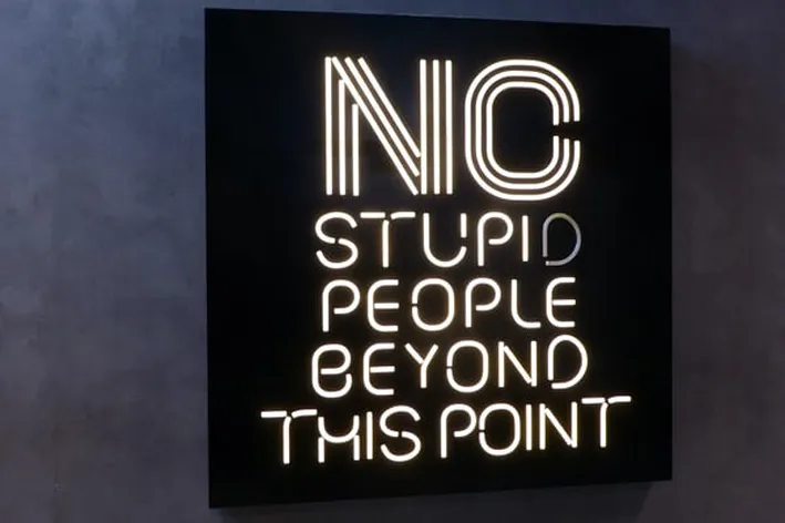 A neon sign saying “No stupid people beyond this point.”