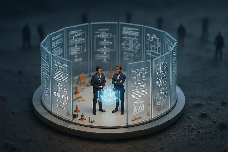 Miniature diorama of two founders working securely inside a fortress made of glass panels etched with technical data. This “firewall” of documented IP protects them from the foggy, uncertain chaos outside, symbolizing strategic security.