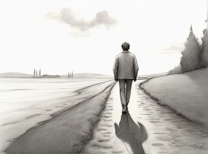 A black and white sketch of a man walking on a long path.