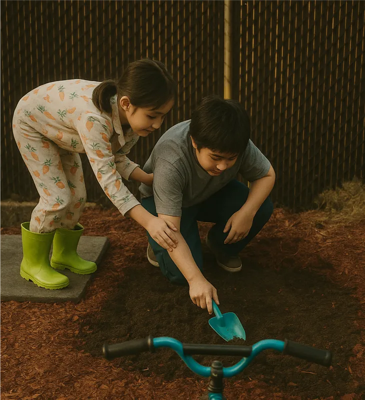 Two children gardening