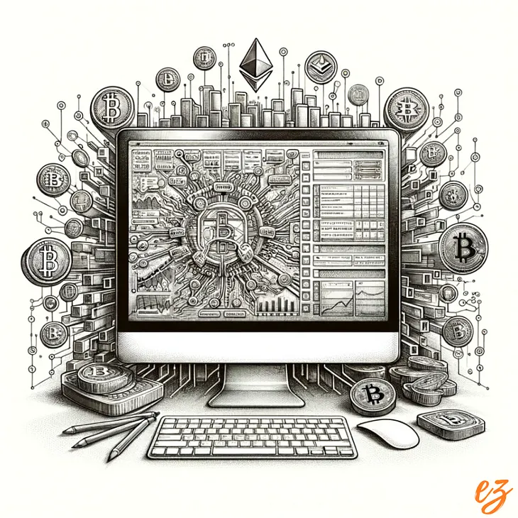 Black and white pencil sketch of a complex fund flow graph on a computer screen, surrounded by blockchain symbols and transaction data.