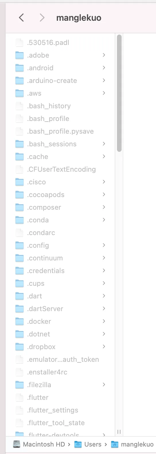 A screenshot of my user folder showing lots of hidden sub-folders from different developemtn enviroment I havee isntalled.