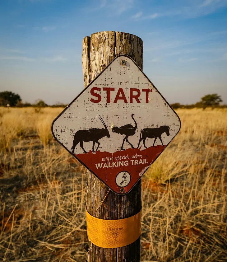 A walking path sign on a post in an open plain that says START [byson, ostrich, zebra WALKING TRAIL] with silohettes of the aforementioned animals drawn on it.