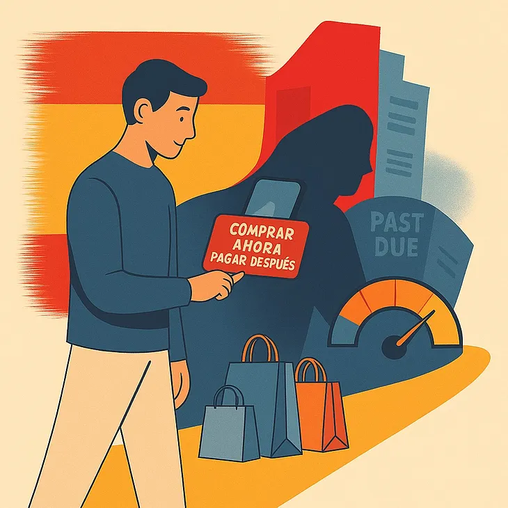 IMAGE: Un joven toca en su móvil un botón rojo que dice “Comprar ahora, pagar después”, rodeado de bolsas de compra. Tras él se alza su propia sombra en forma de montaña de facturas “vencidas” y un indicador de crédito que baja a zona roja, sugiriendo riesgo de endeudamiento