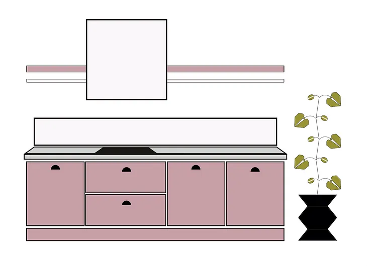 Illustration of a pink kitchen.