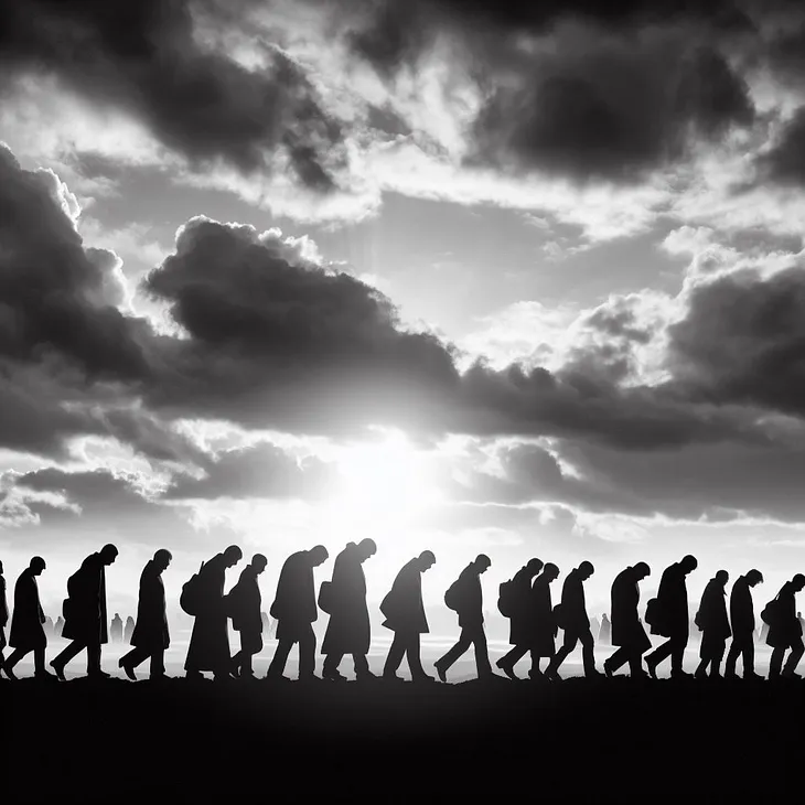 A line of people marches across the horizon, backs bent, under a cloudy sky.