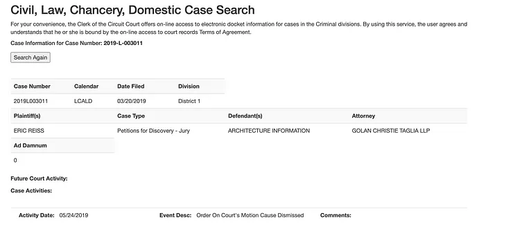 A screenshot of a portion of court records attached to legal action Eric Reiss took against the Information Architecture Institue.