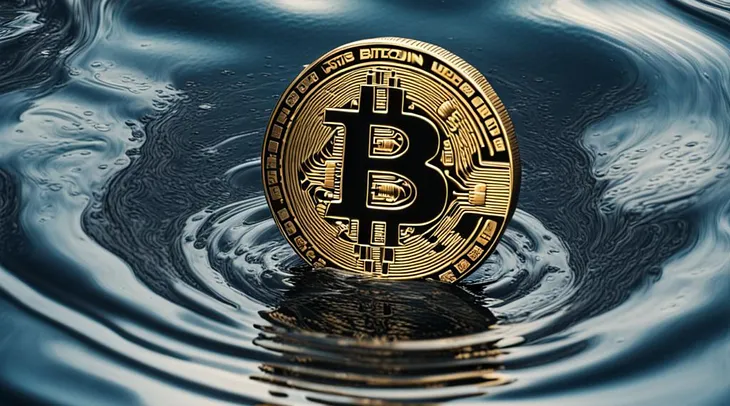 A bitcoin coin falling in a pool of water