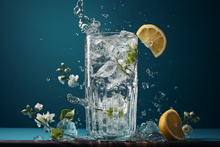 An image of a glass of carbonated water with the water bubbling over the topc, and some fruit off to the right of the glass.