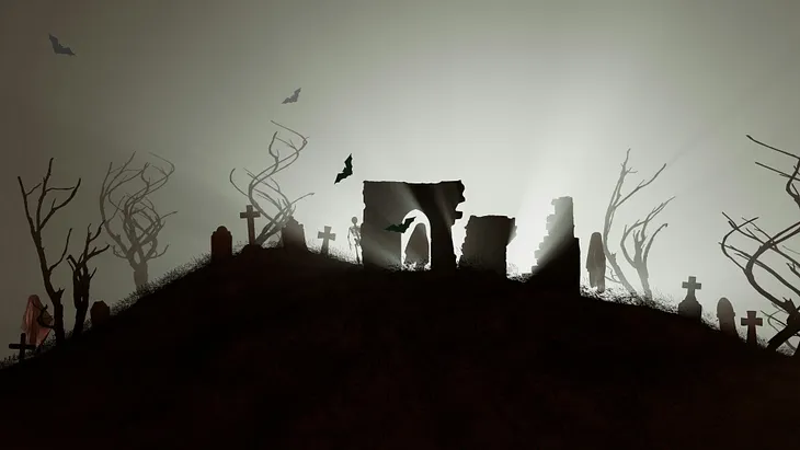 A dark, eerie graveyard scene with crooked tombstones and barren, twisted trees scattered across a hill. Silhouettes of ruined stone arches stand near the center, backlit by glowing rays of light. A skeleton figure stands near a cross, while shadowy, cloaked figures are seen near the ruins. Several bats fly overhead. The overall atmosphere is foggy and ghostly, with dim, muted tones and long, dramatic shadows.