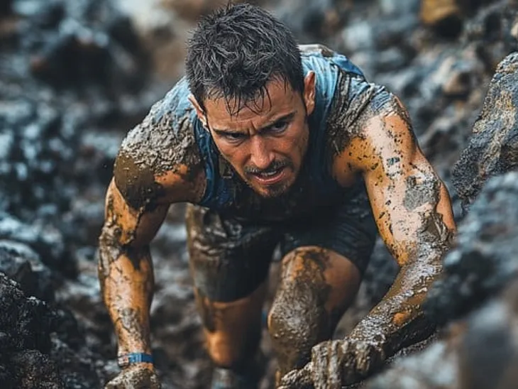 Mud-covered determined man