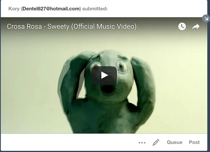 A submission from a Hotmail bot account to a Tumblr inbox containing the video, Sweety by Crosa Rosa. The thumbnail is a claymation green man with a shocked expression on their face.