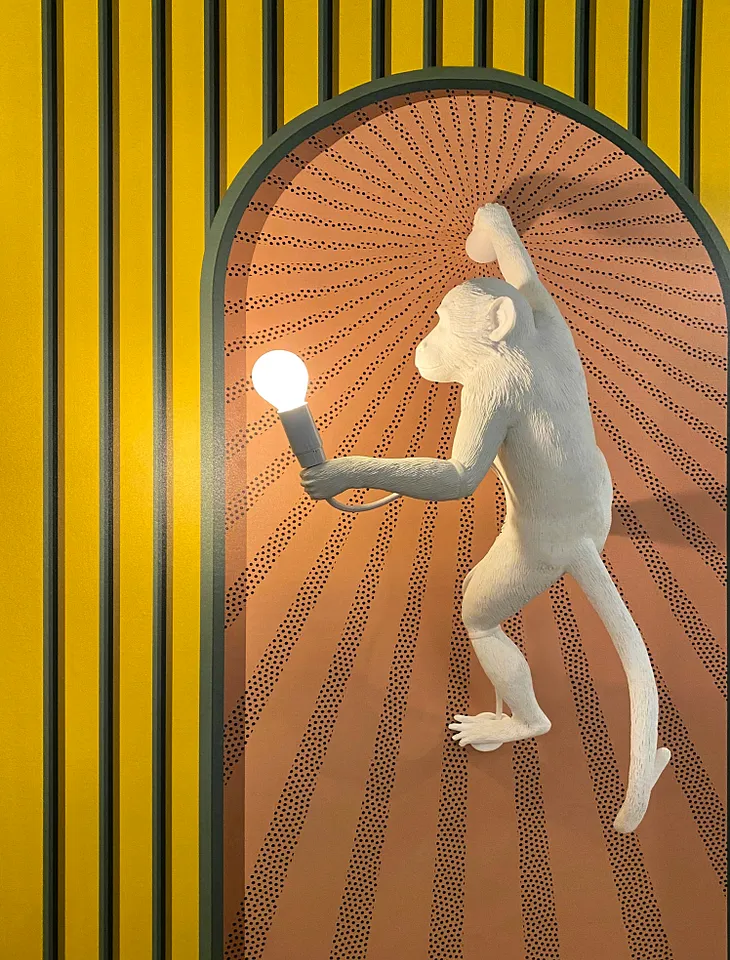 Primate climbing a patterned wall with a light, looking for something. Apophenia. Randomania.