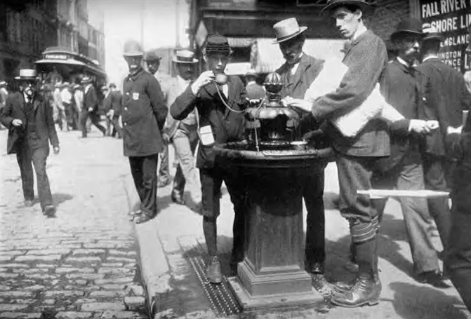 Communal drinking cups (the “tin dippers”) were a common practice in late 19th century public fountains.
