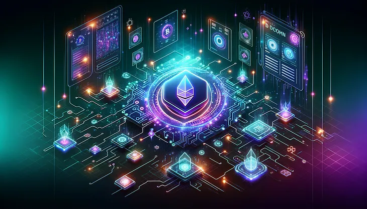 A conceptual illustration of blockchain development with a Solana-inspired aesthetic, featuring a to-do list interface, glowing lines of code, and gradient digital patterns.