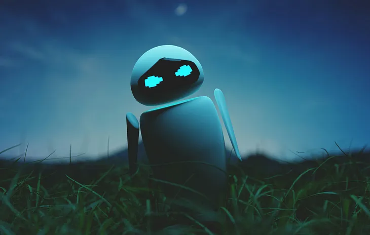A robot in a field at twilight eyeballs the viewer with a menacing expression.