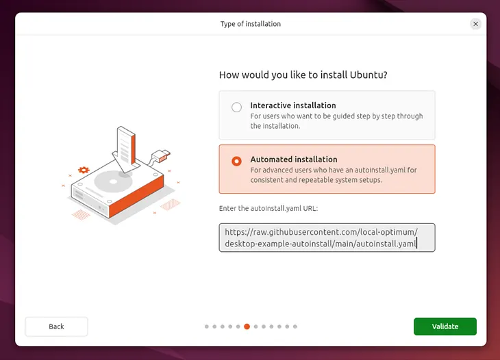 The installation screen of Ubuntu Desktop 24.04 LTS that offers users the ability to specify their autoinstall location.