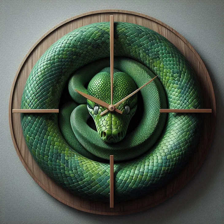 A picture of a wall clock formed by a coiled-up green python.