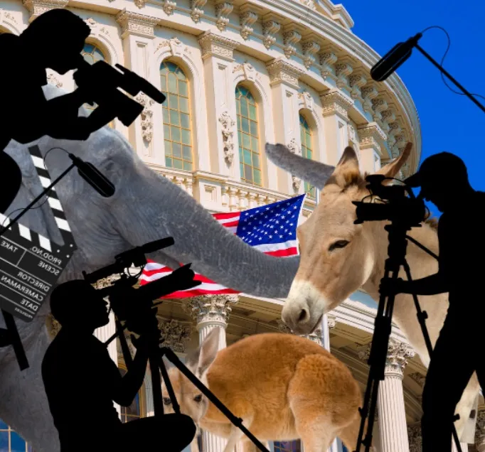 Image of a movie set outside the American Capitol. An elephant, donkey, and kangaroo are being filmed by 3 people holding video cameras.