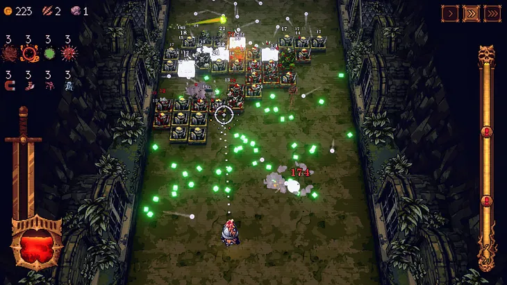 The selectable player character of Ball X Pit (bottom) fires bouncing balls upwards towards an advancing army of skeletons on brick-esque platforms. Damage numbers, particles, and flashing feedback squares litter the screen with information and experience bonuses.