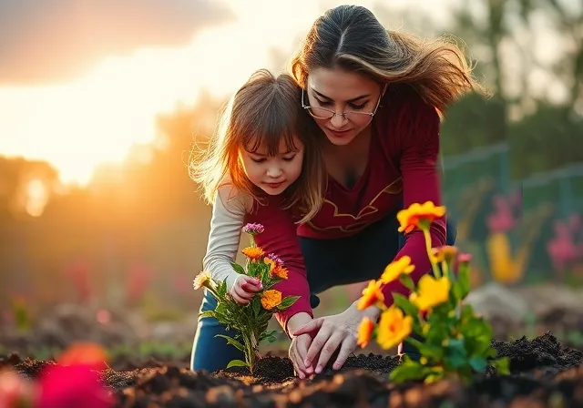 A woman and child planting flowers.