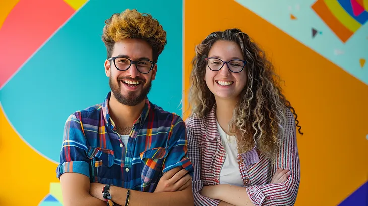 two smiling coworkers in front of a colorful background