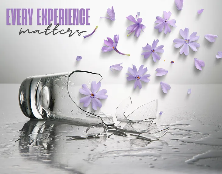 gradient gray background with broken glass and lavendar colored flowers floating out of the glass lying on its side. Words in upper lefthand corner: Every Experience Matters