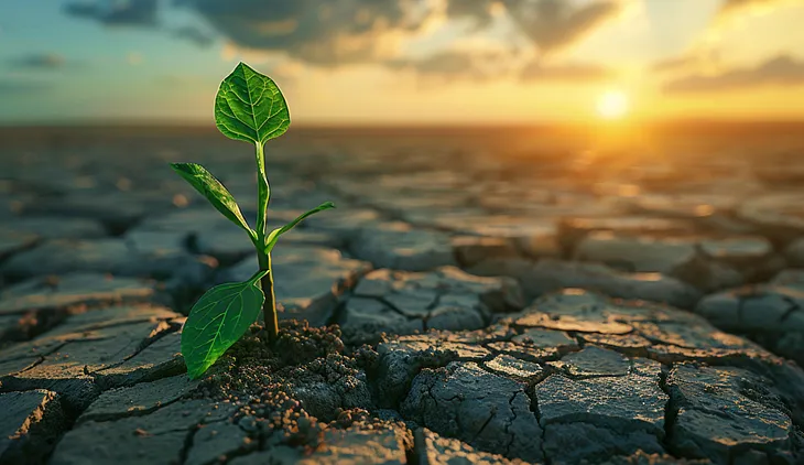 This image depicts a small, green plant growing out of cracked, dry soil. The plant has a few leaves and a slender stem. The background shows a vast, arid landscape with a setting sun, casting a warm glow over the scene. The sky is a mix of orange, pink, and purple hues with wispy clouds.