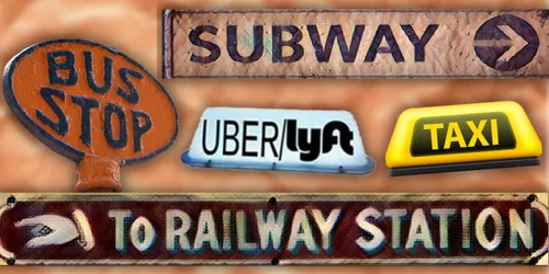 Signs for subway, bus stop, uber/lyft, taxy and railway station