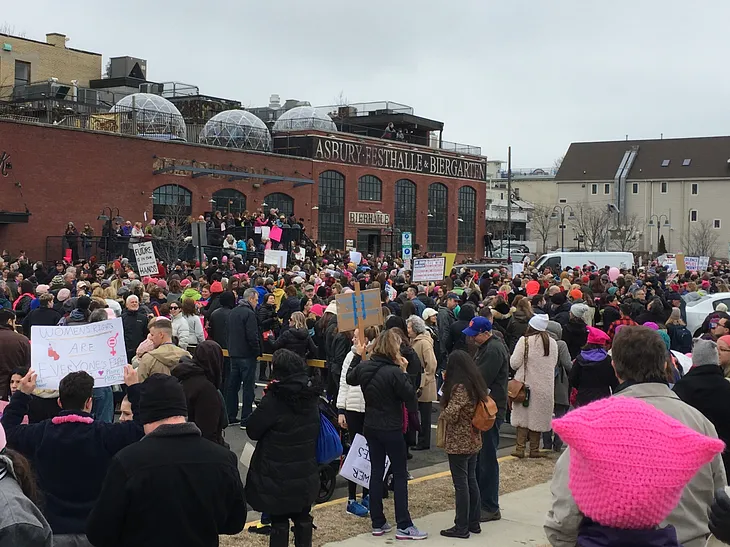 Protestors gathered in front of the Asbury Biergarten in Asbury Park on January 17, 2017.