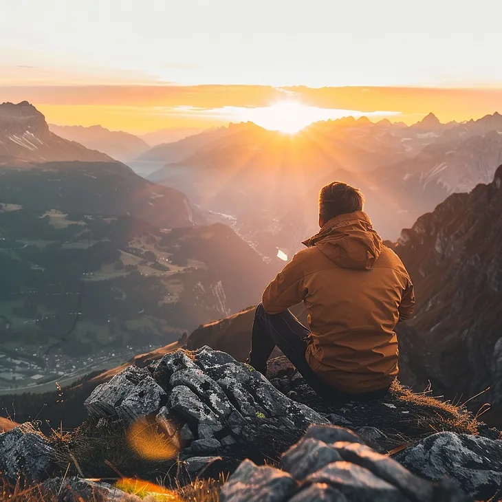 A man watching the sunrise at the mountain top.