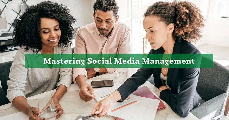 A group of three people is sitting at a table, actively engaged in discussion. 💬 One person is pointing at a document 📄, while a smartphone 📱 and a glass of water 💧 are placed on the table. The text “Mastering Social Media Management” is overlaid on the image. 🌟