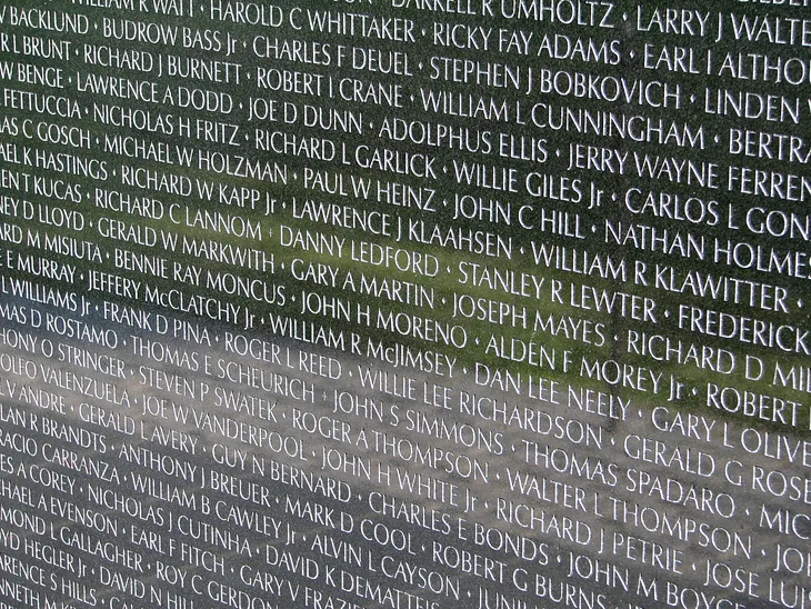 A photo of the names of those who perished during the Vietnam War. The wall contains some 58,000 names, and spans 58 feet.