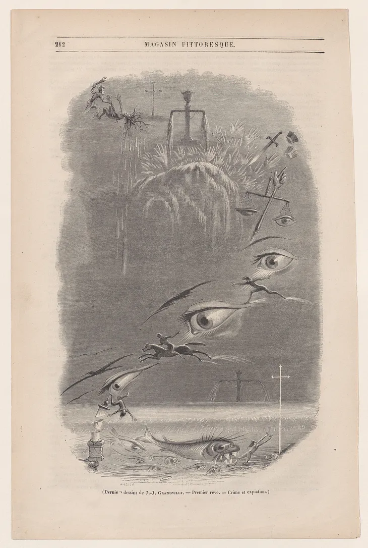 A French engraving from the late 19th Century with a series of eyes in a sky chasing a figure who is running from them.