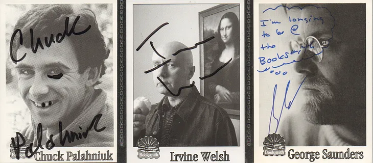 Examples of three autographed Booksmith cards depicting Chuck Palahnuik, Irvine Welsh, and George Saunders.