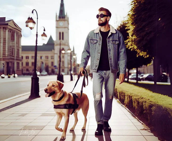 A blind man walking in the street with his dog.