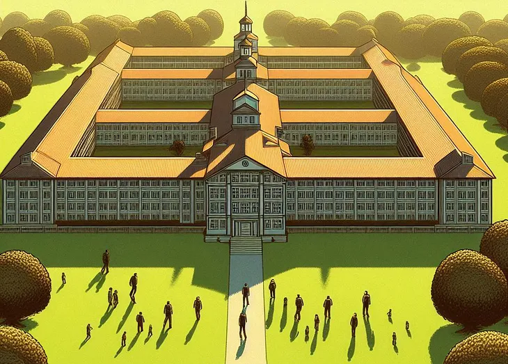 The image depicts a large, fortress-like institutional building with uniform windows and central towers, surrounded by greenery. Silhouetted figures walk toward the entrance, casting long shadows. The scene evokes control, confinement, and surveillance, echoing historical abuses of institutionalization and the risks of reviving such spaces under the guise of wellness.