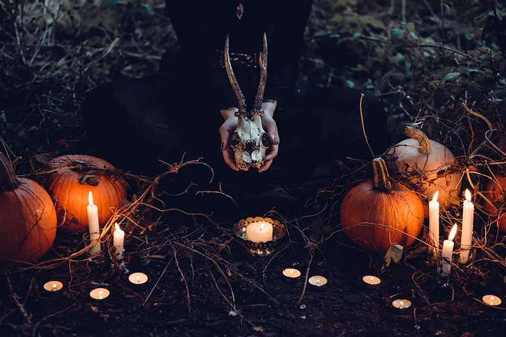 A photo fit for halloween. Witch, and pumpkin.