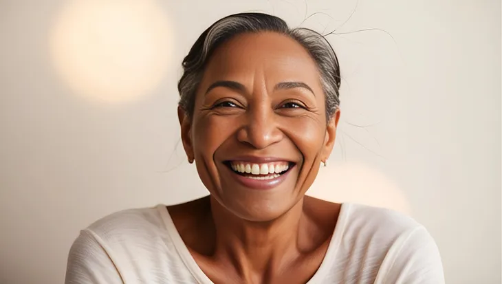 A photo of a woman in her 50s smiling and looking happy.