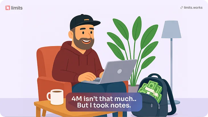 Alt text: Cartoon-style image of a man in a hoodie working on a laptop in a cozy room with a coffee mug and a backpack full of cash. Caption: “4M isn’t that much.. But I took notes.” Keywords: startup life, agency growth, project management, founder humor, business lessons, financial success, remote work, digital agency, freelance lifestyle, SaaS growth