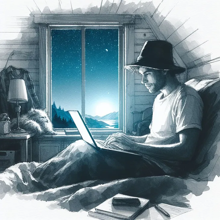 Monochrome illustration of a man in a rustic cabin, typing on a laptop while sitting in bed. He wears a wide-brimmed hat. The room has a quaint, artistic feel with books, a lamp, and personal items, suggesting a peaceful retreat for writing and contemplation.