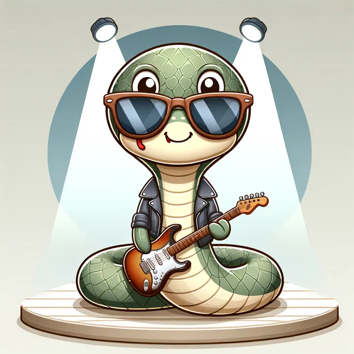 A cute cartoon python wearing sunglasses and a leather jacket, smiling as it plays a red and white electric guitar while seated on a simple wooden stage under a spotlight.