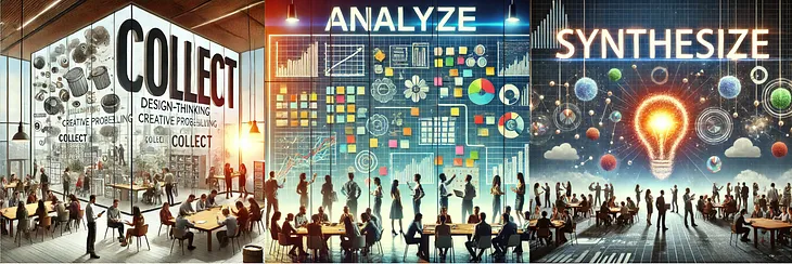 Visual desriptions of people collecting data from other human interactions; analyzing qualitative and quantitative data; discovering surprising insights that lead to big new ideas that work.