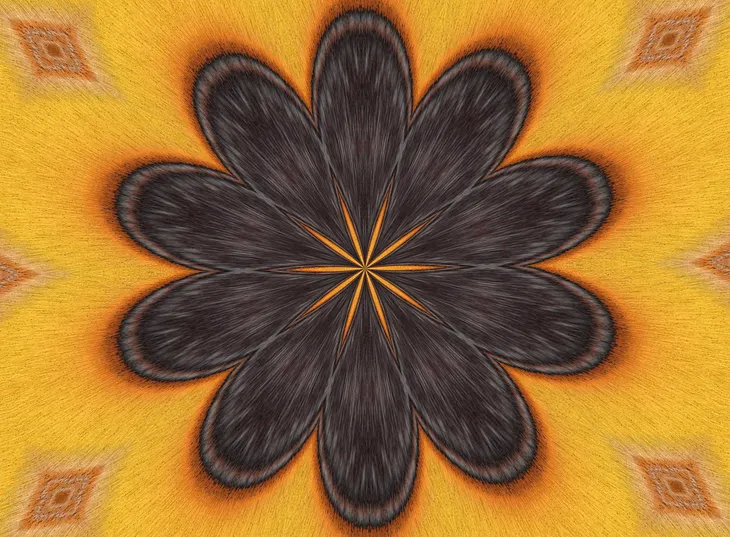 A yellow and black mandala. The black inner is shaped like 10 flower petals and the outer is an orangey-yellow pulsing shape.