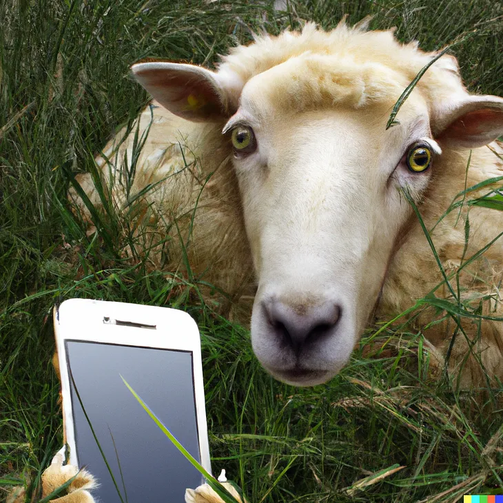 Sheep in grass with an iPhone. DALLE image by author