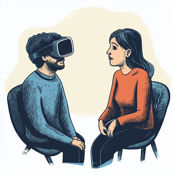 Two people sitting across from each other in conversation, but one of them is wearing a virtual reality headset.